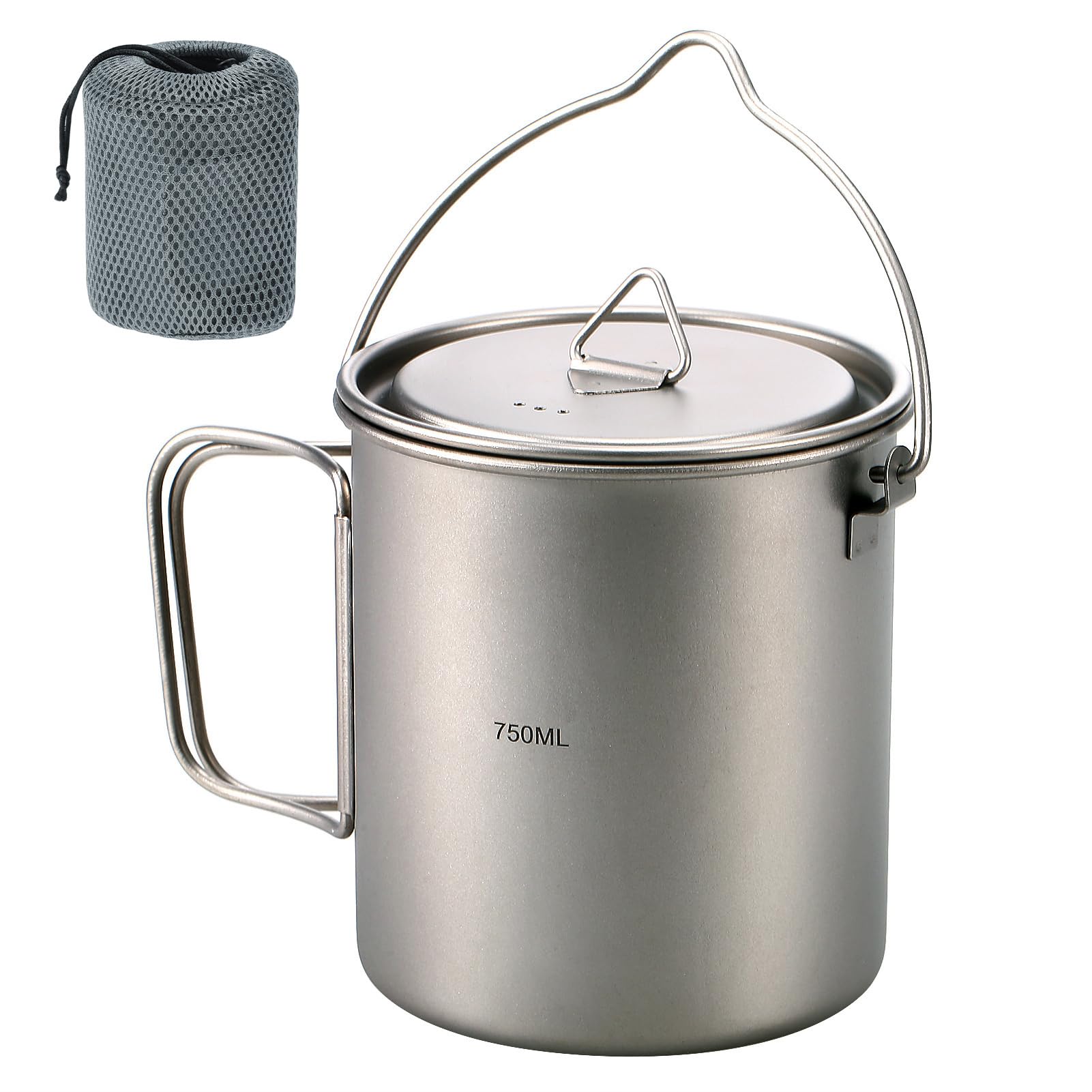 HUIOP Ultraleichter 750 ml Titan-Topf, tragbarer Titan-Wasserbecher mit Deckel und faltbarem Griff, Outdoor, Camping, Kochen, Picknick