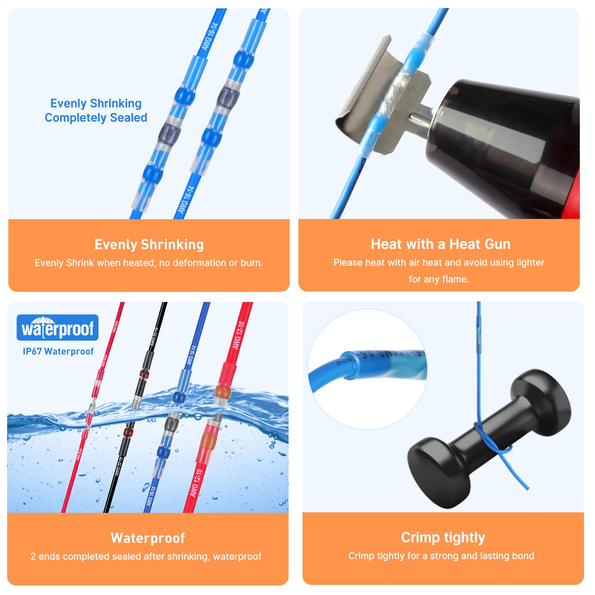 Kuject 820 conectores de alambre de sellado de soldadura y kit de tubos termorretráctiles con pistola de calor y organizadores, conectores de extremo de soldadura impermeables para cableado marino