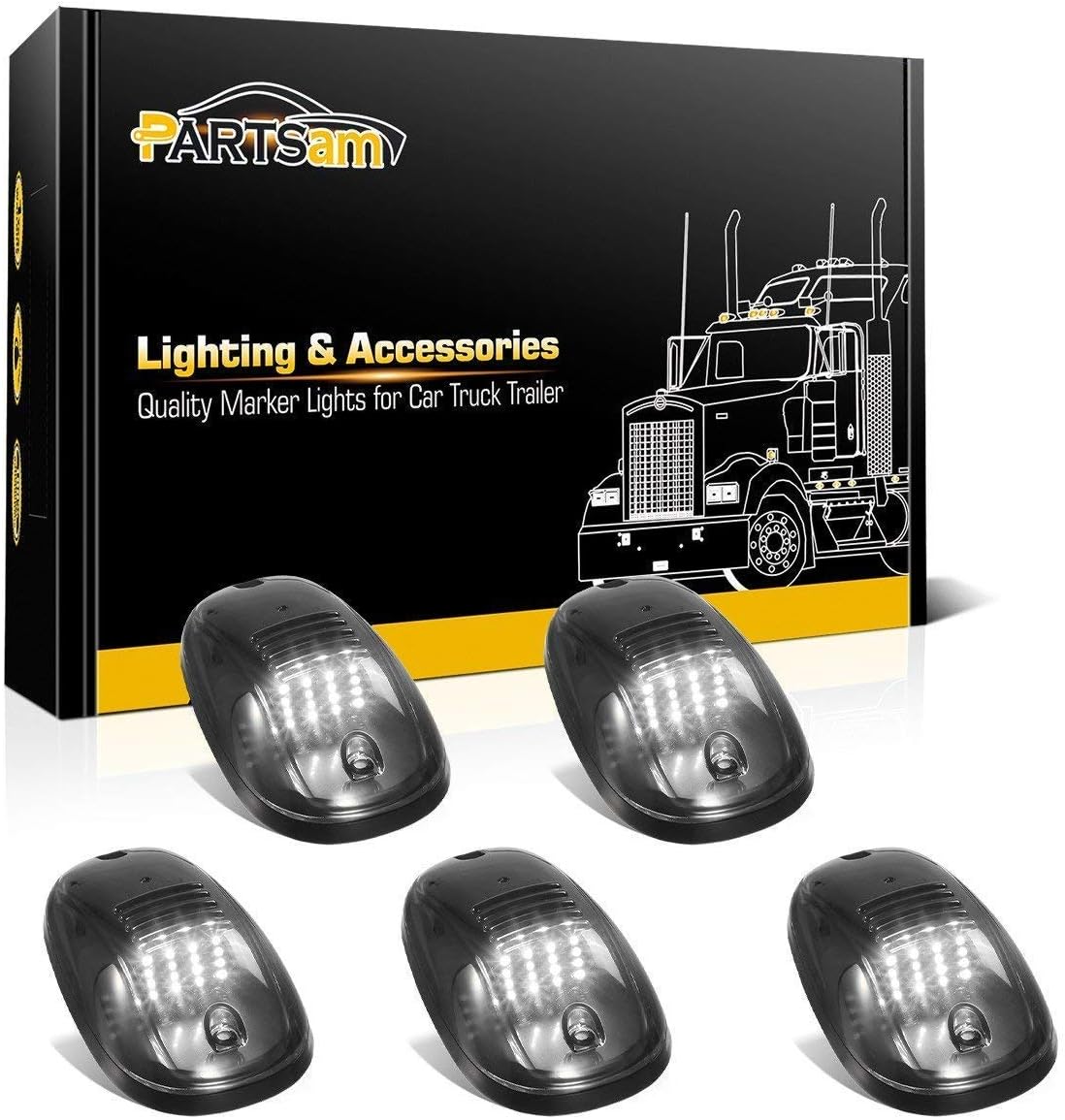 Partsam 5pcs Smoke Cab Marker Top Roof Running LED Light Assembly w/16LED White Cab Light Compatible with Dodge Ram 1500 2500 3500 4500 5500 2003-2018 Pickup Trucks