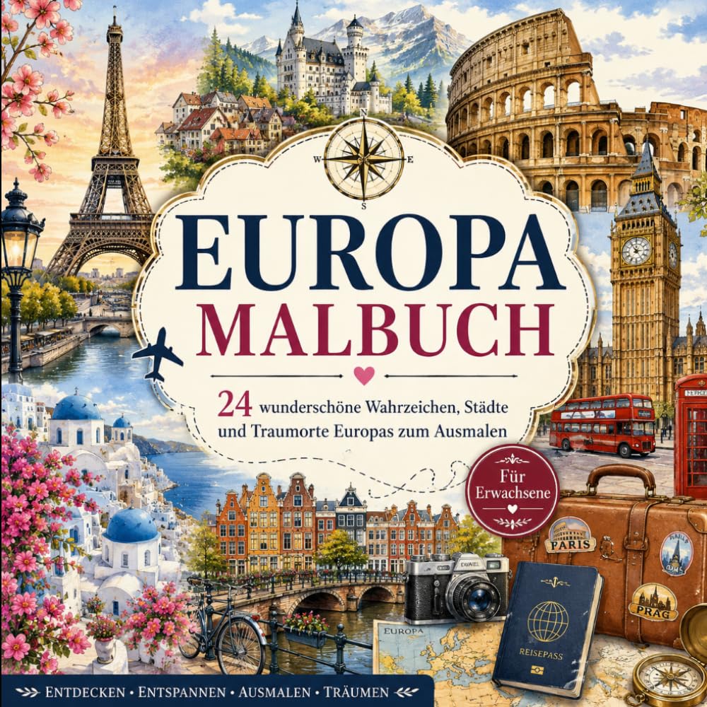 Europa Malbuch: 24 wunderschöne Wahrzeichen, Städte und Traumorte Europas zum Ausmalen