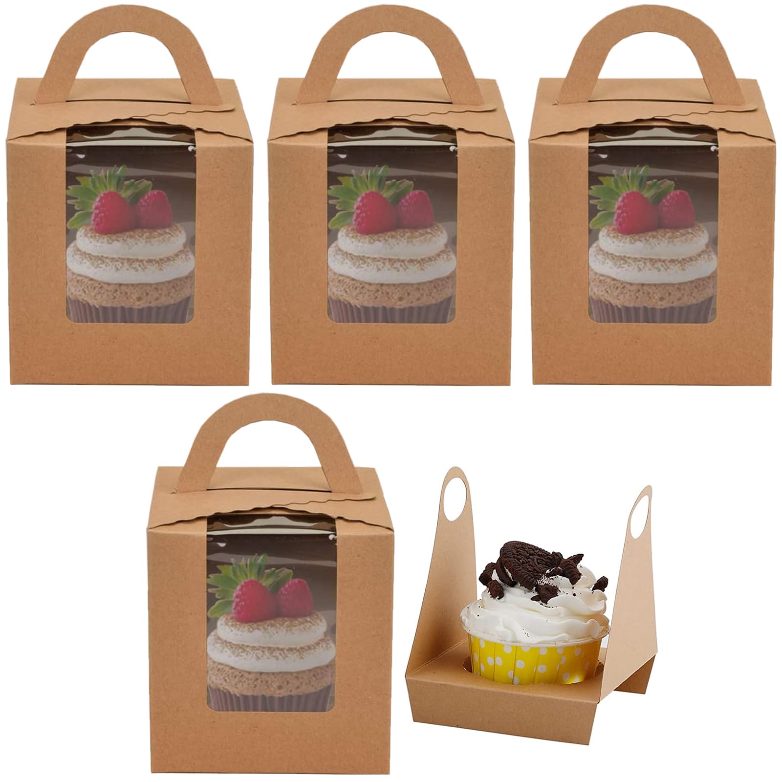 Allbusky 20PCS Individual Cupcake Boxes Muffin Boxes Single Cupcake Carrier with Inserts, Paper Bakery Boxes with Handles, Paper Treat Boxes for Christmas Baby Shower Wedding