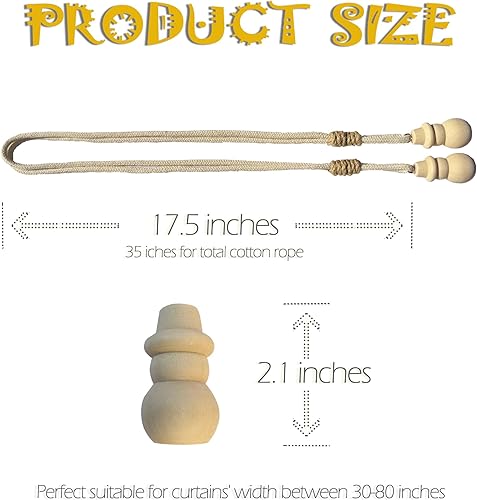 Miniatura 10 de Sujetadores de cortina bohemios para cortinas, cuerda de algodón de granja, lazos ajustables con bellota de madera rústica y bonita, accesorios de