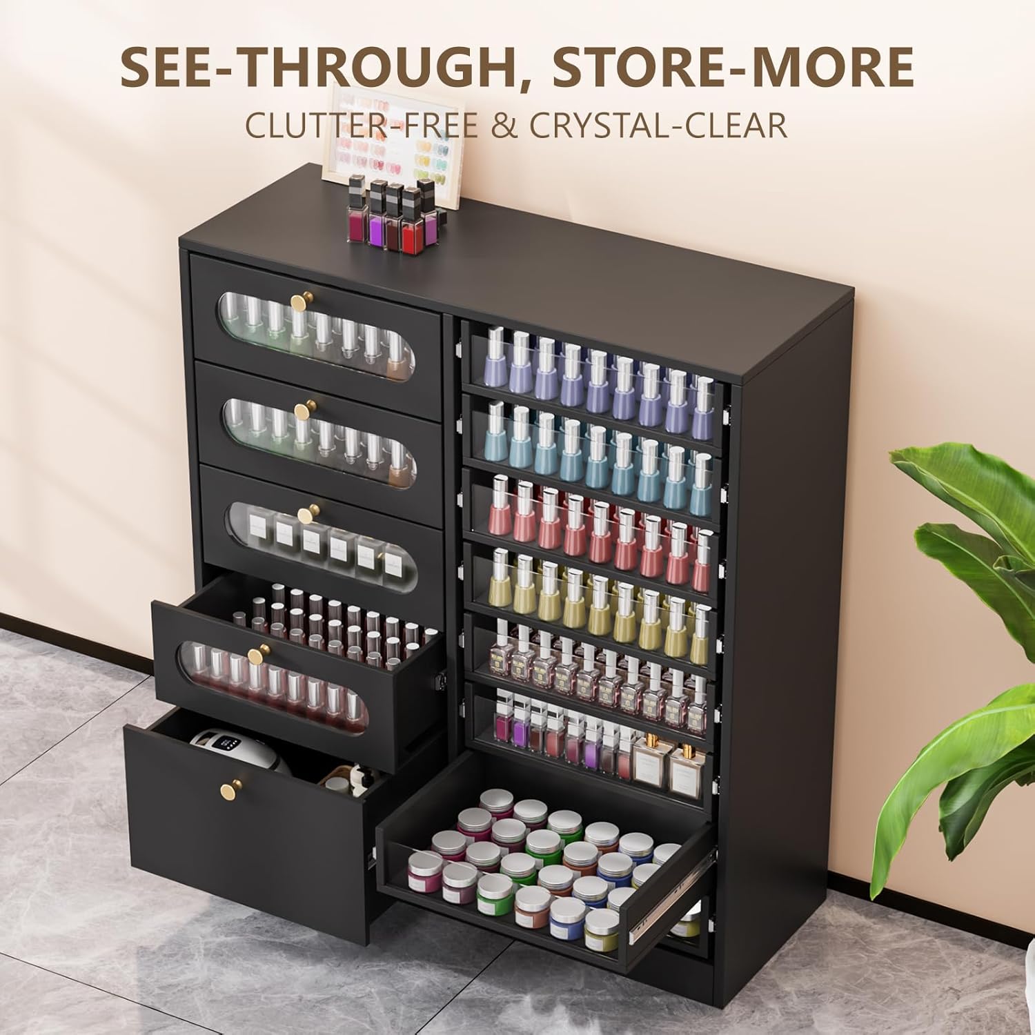 OmySalon Nail Salon Organizer Cabinet, 32" L Floor Storage with 8 Clear & 4 Visual Drawers, Wooden Display for Polish & Powder, Beauty Salon Furniture (Black, 32'' Length)