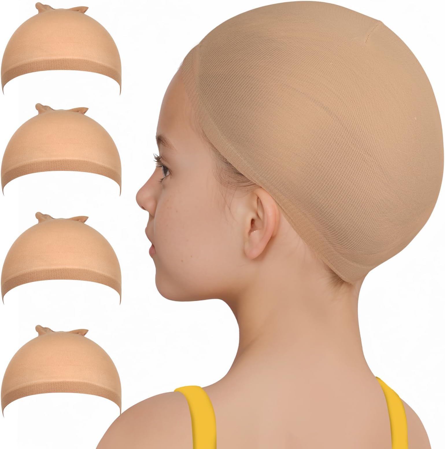 Wig Cap, 4PCS Wig Cap for Kids Light Brown. Stretchy Stocking Caps for Wigs, Natural for Halloween, Cosplay.