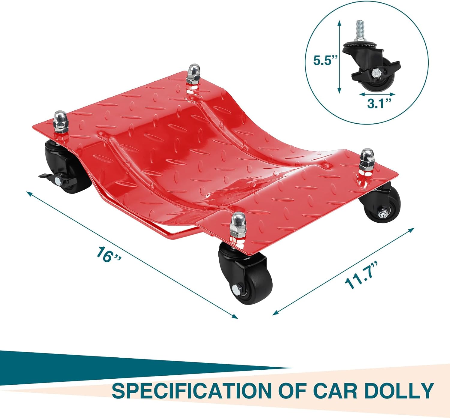 Towallmark Wheel Dolly Set of 4, 6000LBS Capacity Car Dolly Wheels, Vehicle Dolly with 360°Rotational Wheel, Steel Tire Skates with Brakes for Moving Cart, Trucks, Nylon Wheels, 5mm Steel Plate, Red