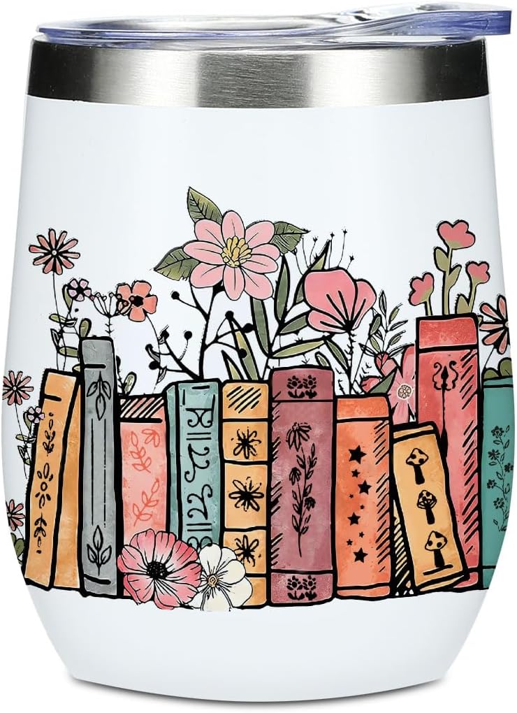 Wine Tumbler, 12 oz Coffee Mug Travel Insulated Cup Vacuum Wine Glass with Lid, Book Lovers Gifts Birthday Christmas Party Reading Book Accessories Bookish Librarian Gifts for Women Aunt Bestie