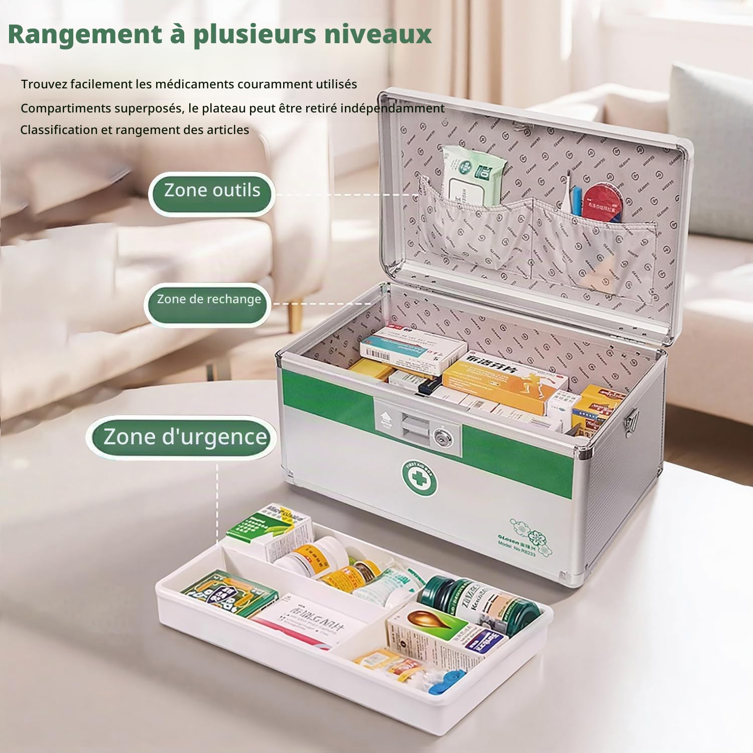 Boite a Pharmacie Rangement avec Clé, Boîte à Médecine Verrouillable, Boîte de Rangement pour Médicaments Quotidiens avec Clé et Poignée, Sécurité Enfant,25×17,5×17,5 cm