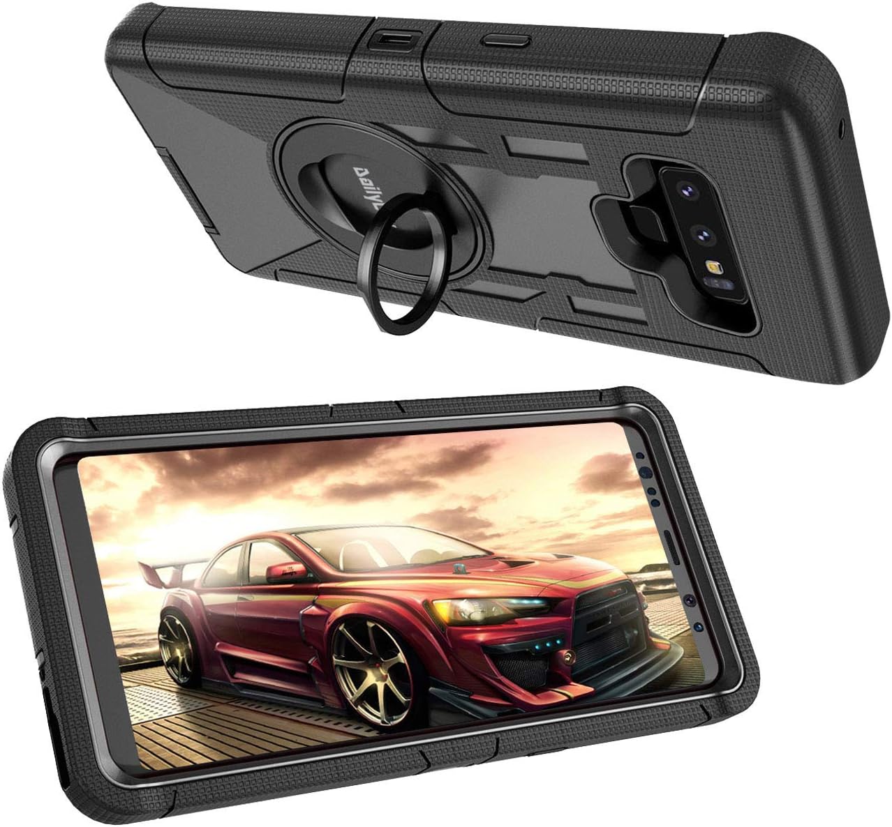 Dailylux Shockproof Case for Samsung Galaxy Note 9, Rugged Heavy Duty Hybrid Holster Rotating Swivel Protective Bumper Kickstand Cover with Belt Clip, Black