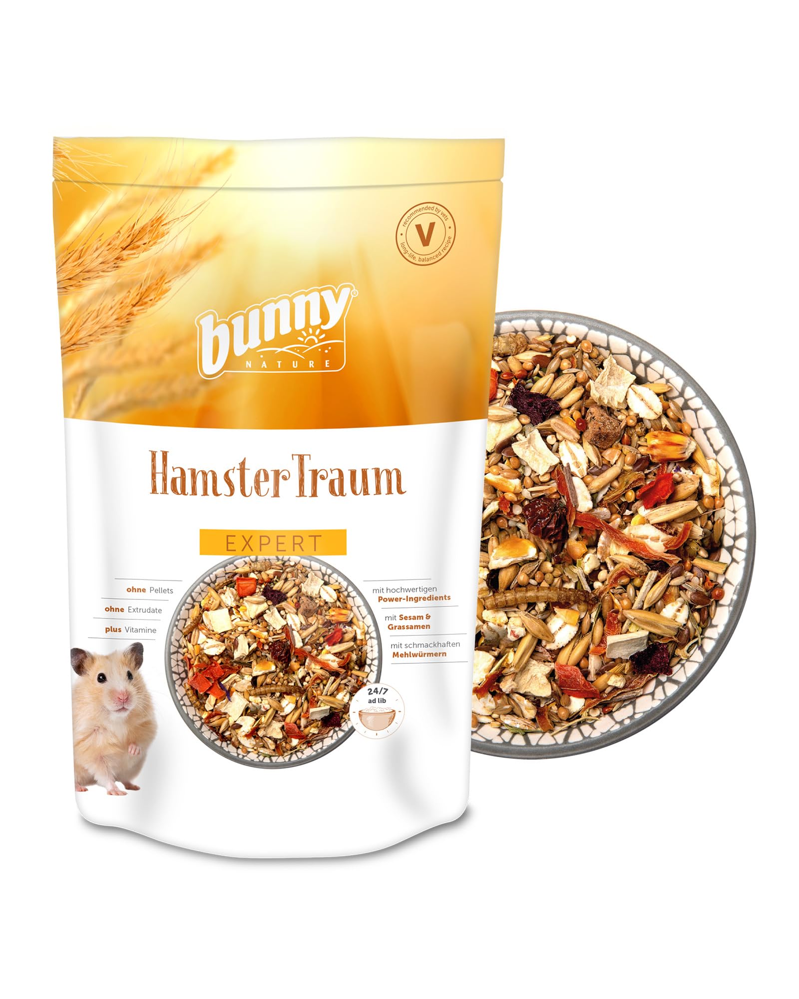bunnyNature HamsterTraum Expert - Alleinfuttermittel für Hamster - Hamster-Futter Mix mit Vitaminen, Power-Ingredients & Mehlwürmern - 500g