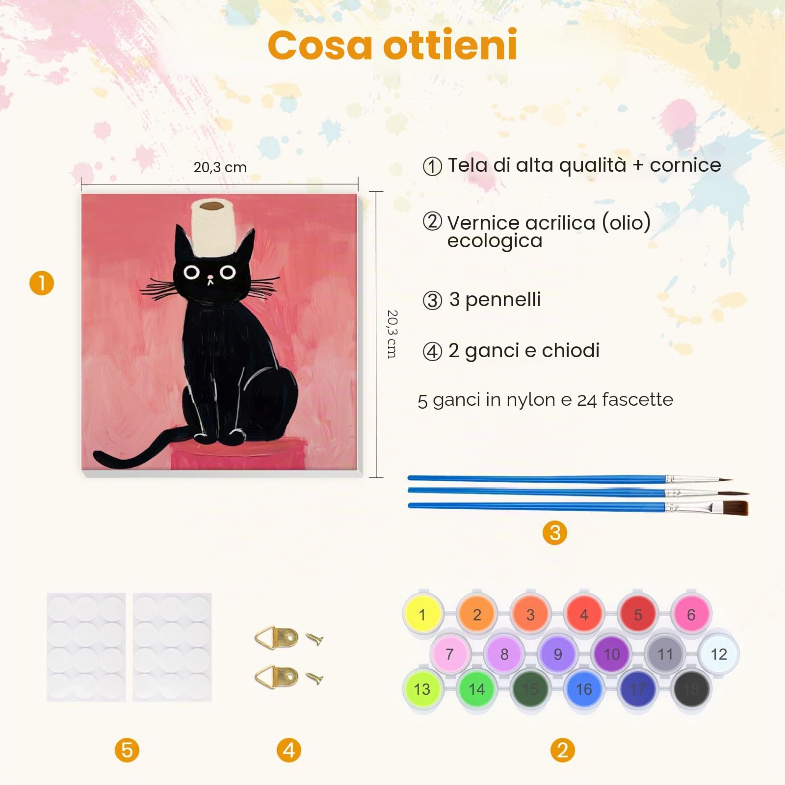 EOBROMD 4 Pezzi Gatto Dipingere con i Numeri Adulti con Telaio, Animale Elegante Paint by Numbers, Kit di Pittura acrilica Fai-da-Te per Adulti con Pennelli Pittura a Pigmento Acrilico 20x20cm