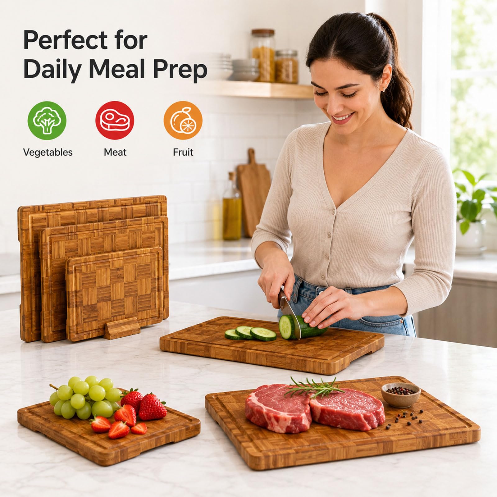 Tabla Cortar Bambú con Soporte, 3 Piezas Tablas para Picar Cocina De Madera con Ranura para Jugos, Tabla para Carne, Fruta, Verdura, Pan Y Quesos Brown,3 PCS (S/M/L)