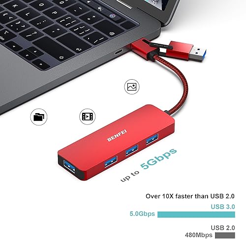 Miniatura 3 de BENFEI Hub USB 3.0, concentrador USB-C, concentrador USB tipo Atipo C 2 en 1 con 4 puertos USB 3.0 carcasa de aluminio, trenzado de nylon Compatible
