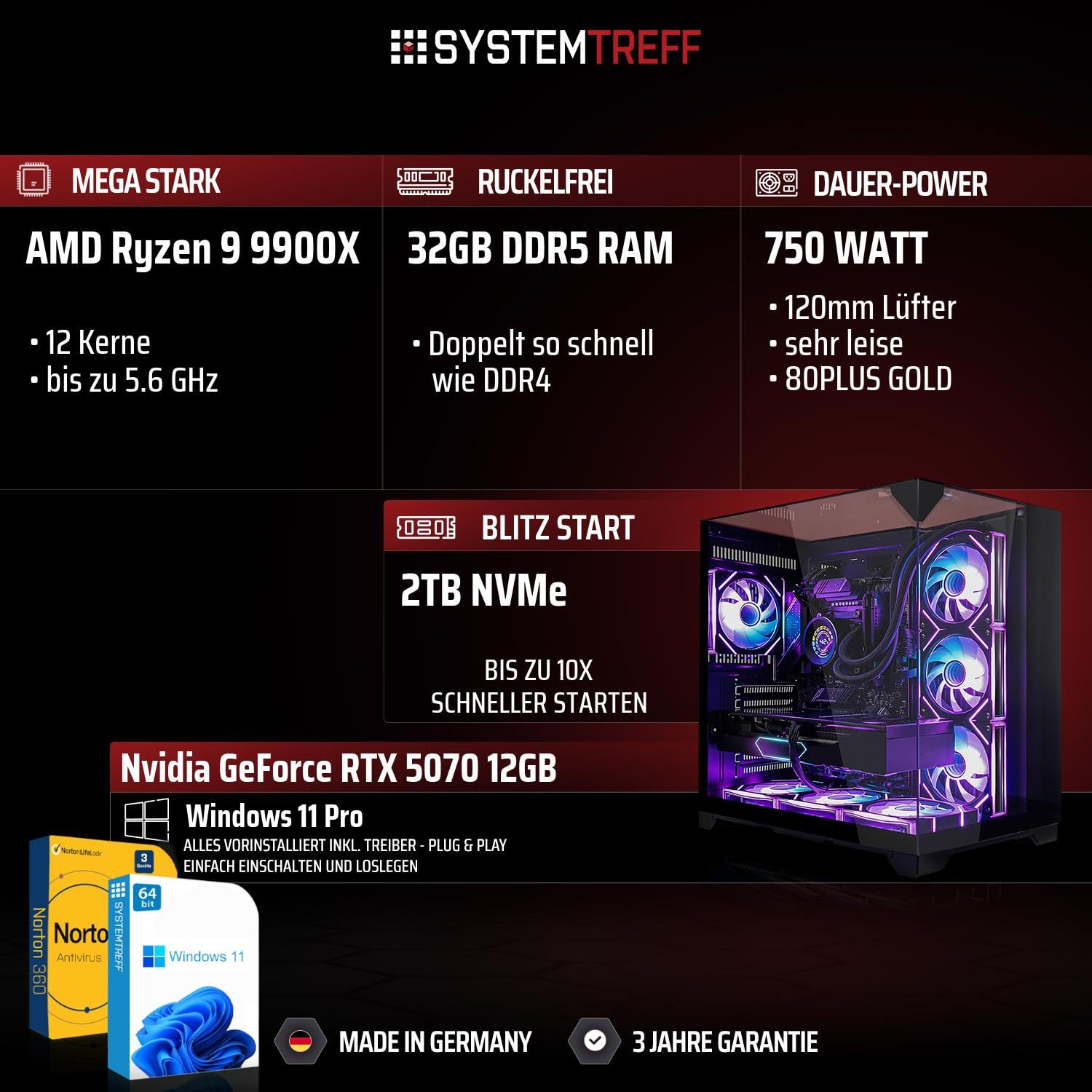SYSTEMTREFF High-End Gaming PC - AMD Ryzen 9 9900X - RTX 5070 12GB | AMD 12-Kern CPU bis 5.6 GHz, 32GB DDR5, 2TB M.2 NVMe SSD, Nvidia Grafik WLAN, Windows 11, für Gaming, Streaming