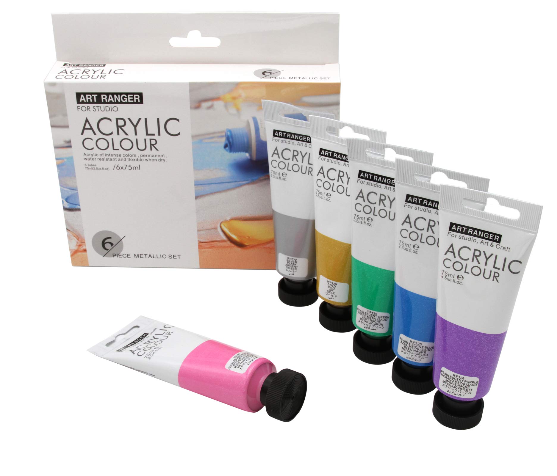 Art RangerAcrylic Paint Sets 6 x 75 ml, Acrylic Paint - Artist Paint on Canvas + Stretcher Frame (Metallic Colours)