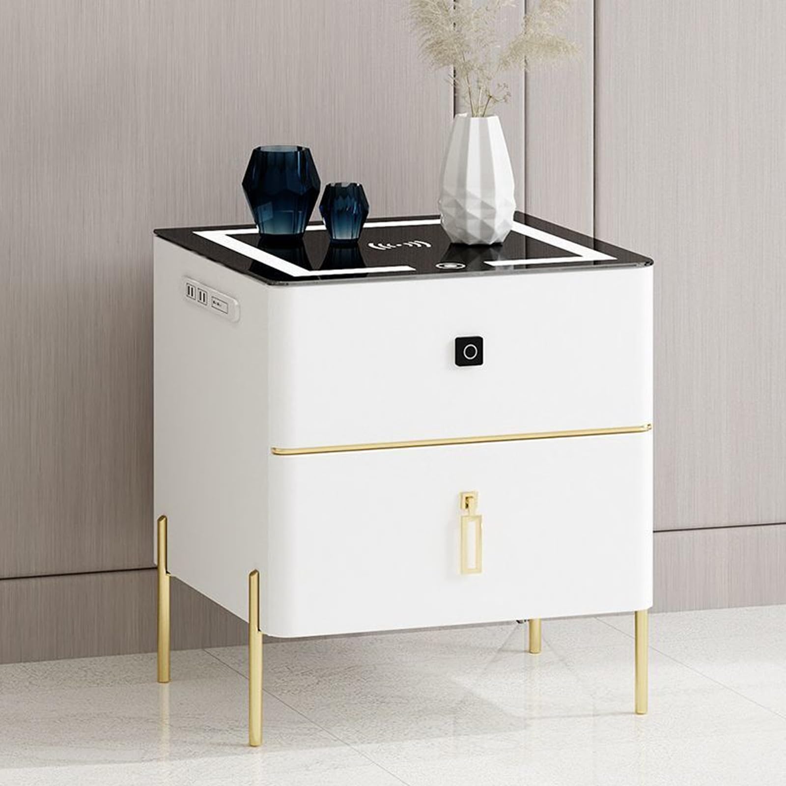 Table de chevet intelligente avec chargeur sans fil et 2 tiroirs brillants pour chambre