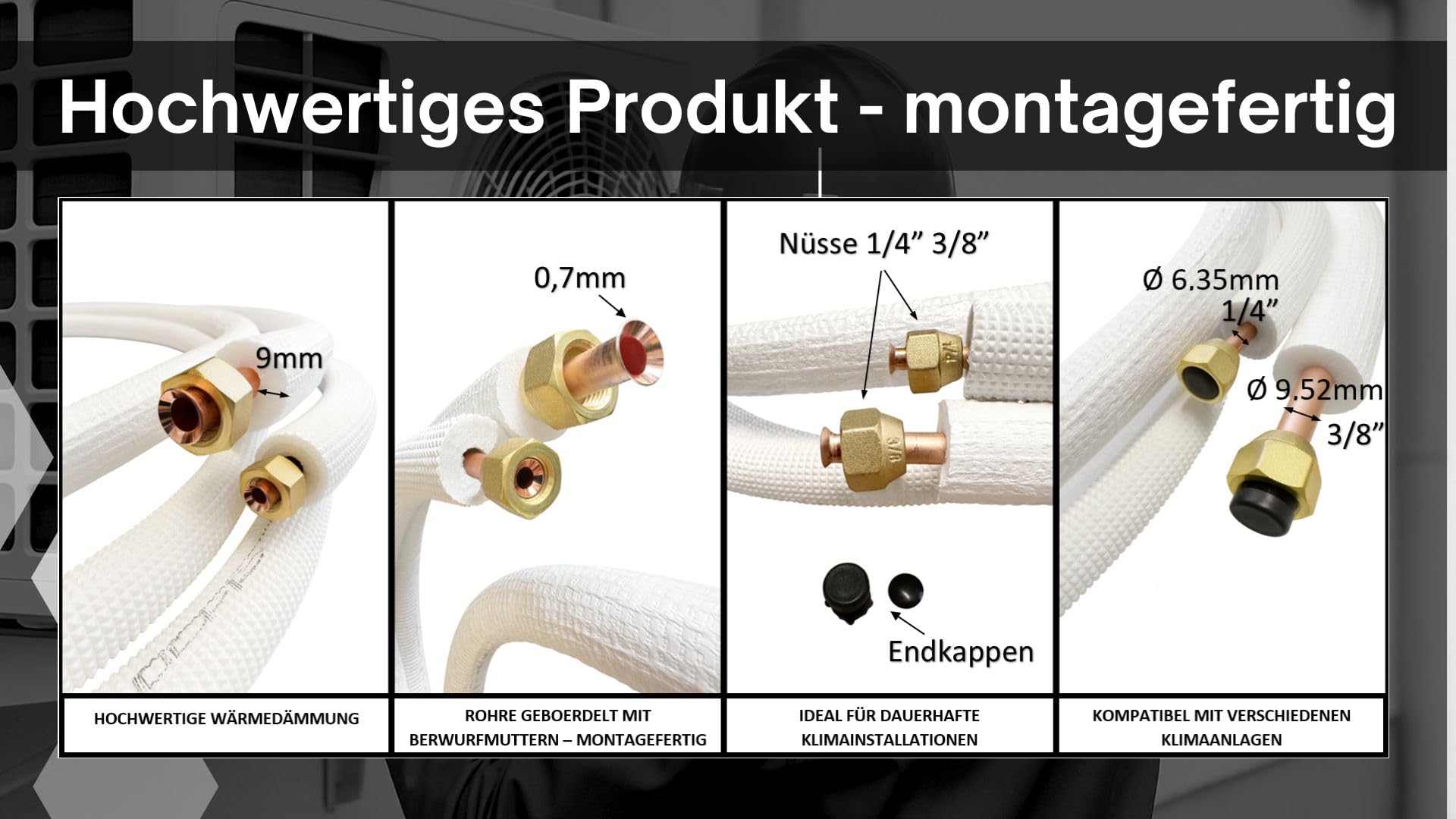 Black panda -Kältemittelleitung Kupferrohr Set 1/4" & 3/8" – 2x6m Kupferrohr mit isoliert 9 mm, Kupferleitung 99,9 % - Klimaanlagen Rohrleitung, Hohe Korrosionsbeständigkeit