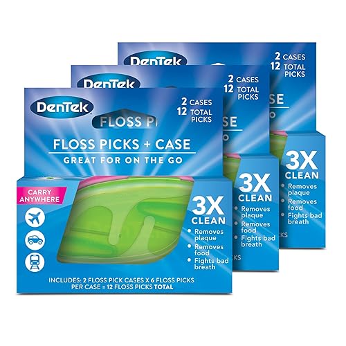 DenTek Púas de hilo dental y estuche de viaje para llevar, 2 fundas de viaje y 12 púas de hilo dental, paquete de 3