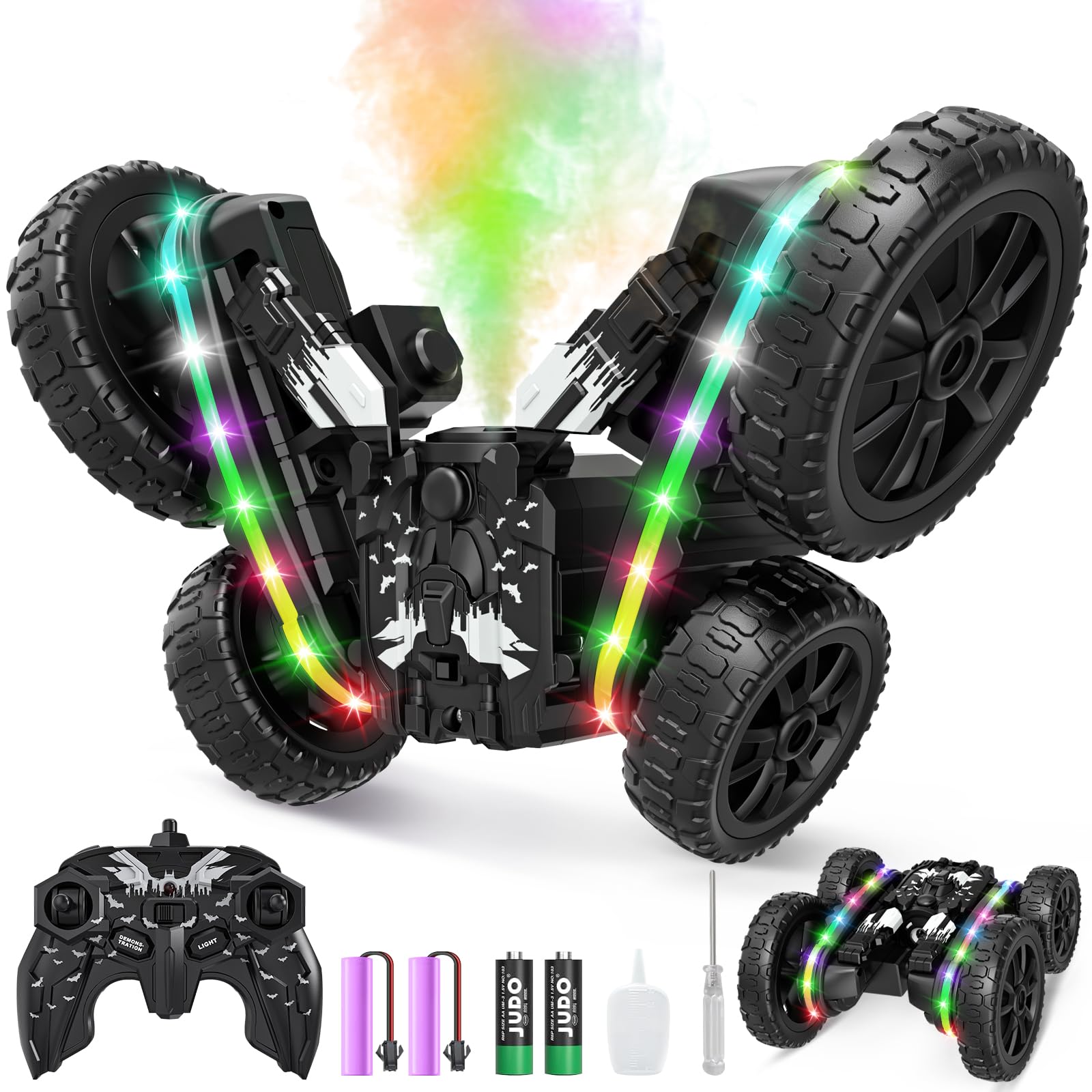 Jimdella RC Cars Toys, 2-in-1 Remote Control Car Transform 4WD with Spray & LED Lights, 2.4GHz Off-Road Stunt Truck for 360° Flips Gift for Boys Age 8