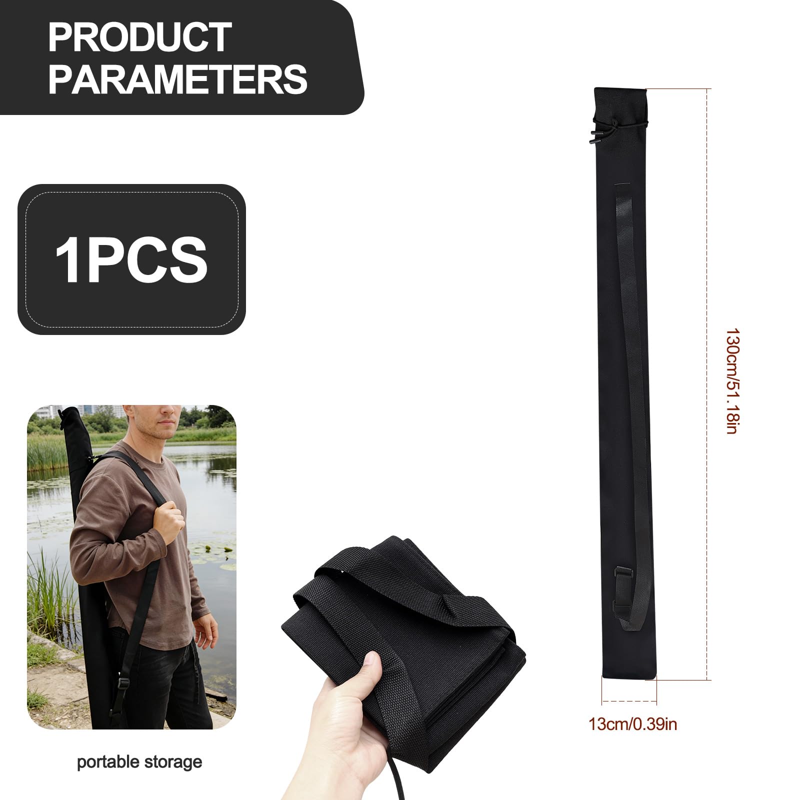 Bolsa para Caña de Pescar 130cm Funda de Nylon Negro Correa de Hombro Ajustable Portátil 2-3 Cañas
