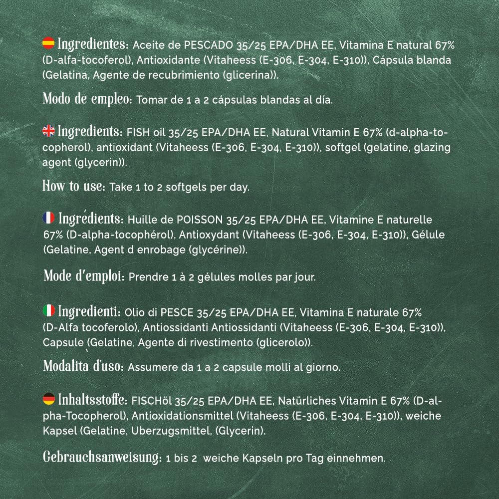 Oméga 3 concentration maximale EPA - DHA. Acides gras oméga 3 (2 000 mg) + vitamine E à base d'huile de poisson sauvage. 120 perles molles