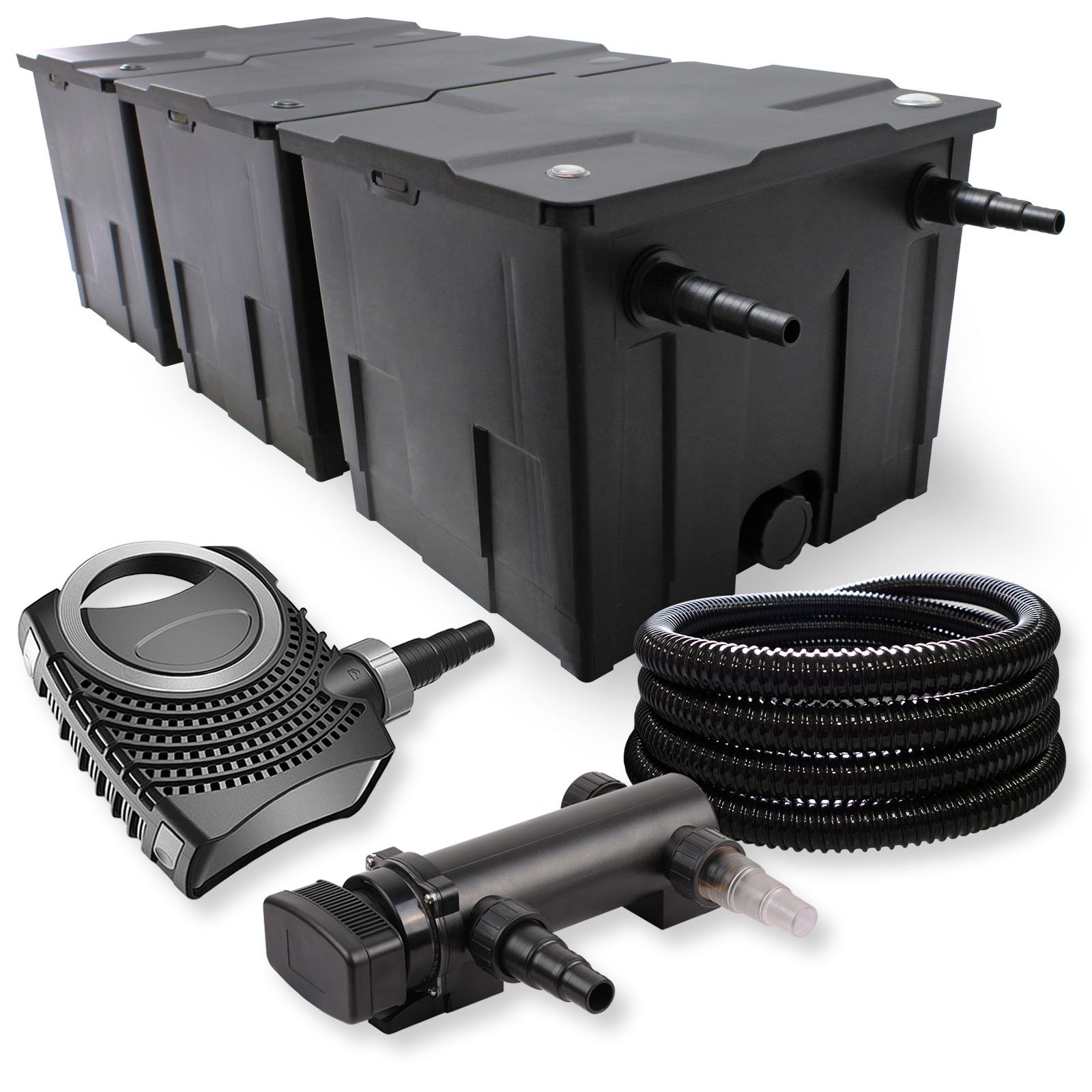 SunSun Kit complet: CBF-350C Filtre de bassin jusqu'à 90000 L Biologique, CTF-8000 SuperECO pompe de filtration 8000l/h 70W, CUV-318 lampe uv UVC Clarificateur avec 18W, 25m Tuyau 25 mm