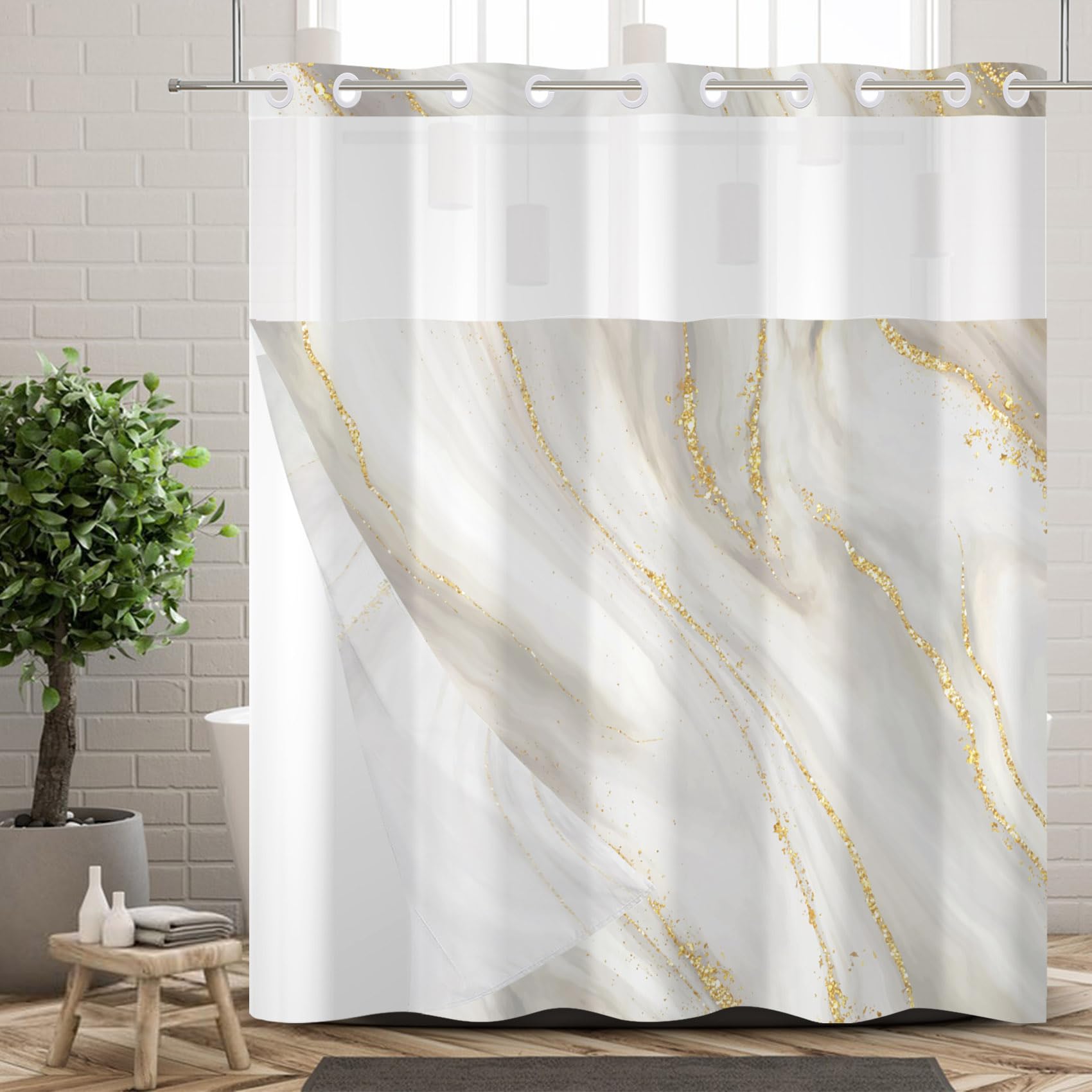 Ttincceer Hook-less Shower Curtain with Snap in Fabric Liner Grey Gold Marble Hook Free Shower Curtain Waterproof Luxury Double Layer Bathroom Curtain with See Through Top Window 71x79inch