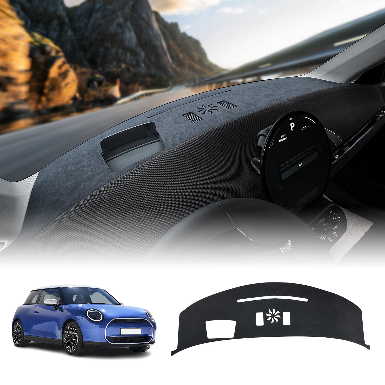 KUNKGIC Für MINl Cooper J01 E SE 2024 2025 Flanell Auto Dashboard Matte Dashboard Cover Auto Innenraum Sonnenschutz Dashboard Lichtschutz Matte Schutzpolster Zubehör (Mit Head-up)