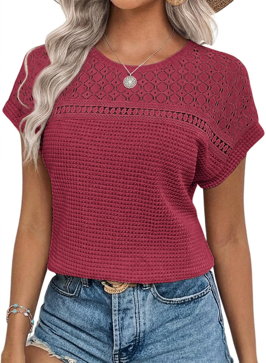 Chicrise Bluse Damen Elegant Kurzarm Spitzen Oberteile Häkel Rundhals Tshirt Sommer