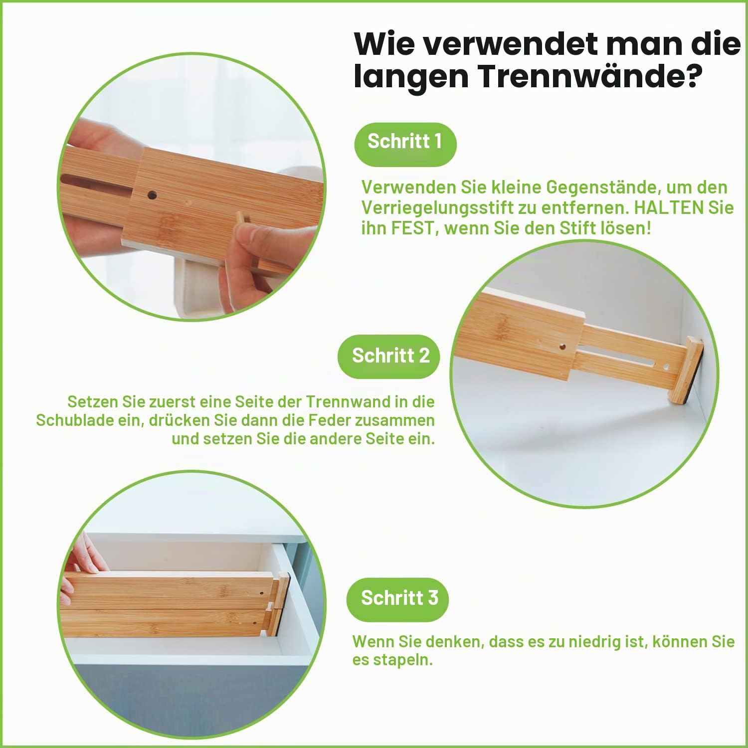 ANTOWIN Schubladentrenner Verstellbar Bambus (33-43 cm), Schubladen Organizer, Gefedert, Küche, Kommode, Badezimmer, Schlafzimmer, Babyschublade, Schreibtisch Ordnungssystem