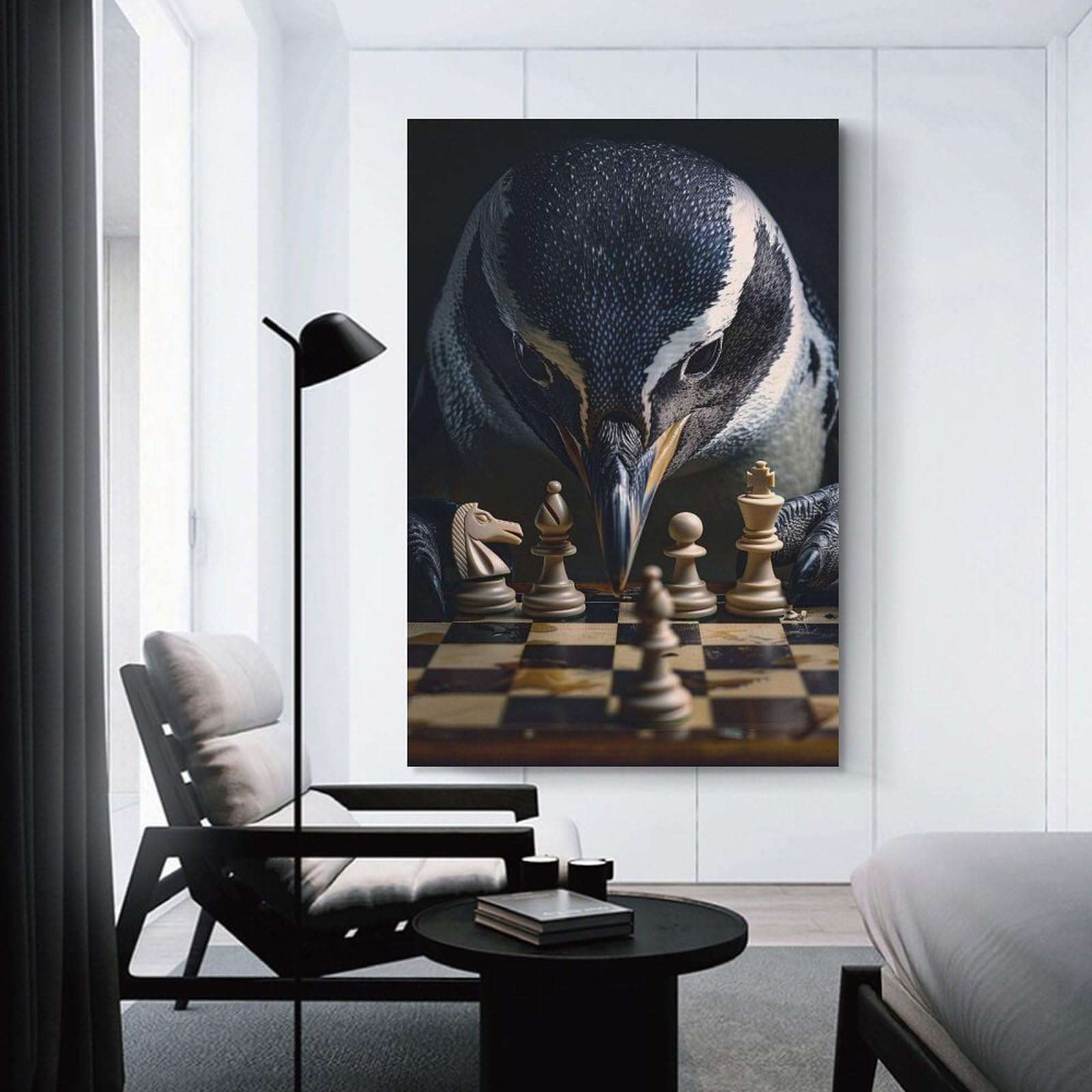 Junmoney Canvas Wall Decor Penguin Chess, 24x36inch(60x90cm), for Lounge Decor, Bedroom Walls Or Flats, Eye Catching Artwork for Blank Walls