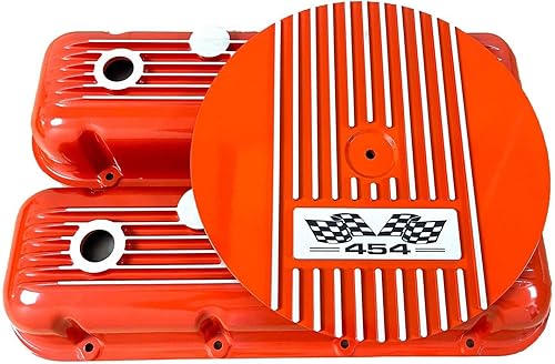 454 Cubiertas de válvula naranja con aletas para Chevy Big Block y kit de filtro de aire de 13 pulgadas