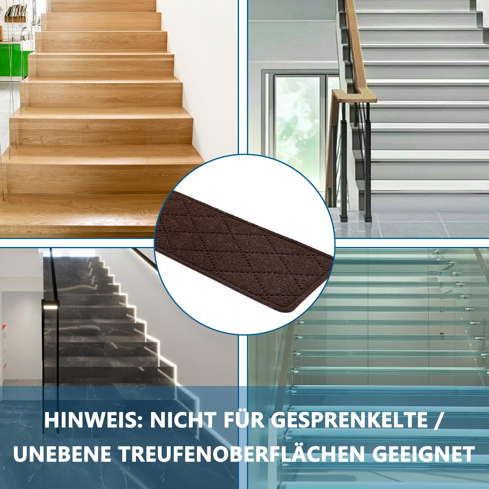 KOOTETA Teppich-Treppenstufen, rutschfest, 20x76cm (15 Pack), Teppich-Treppenläufer, wiederverwendbarer Klebstoff für alle sauberen, glatten Treppen, Stufenschutzmatte für Kinder, Braun