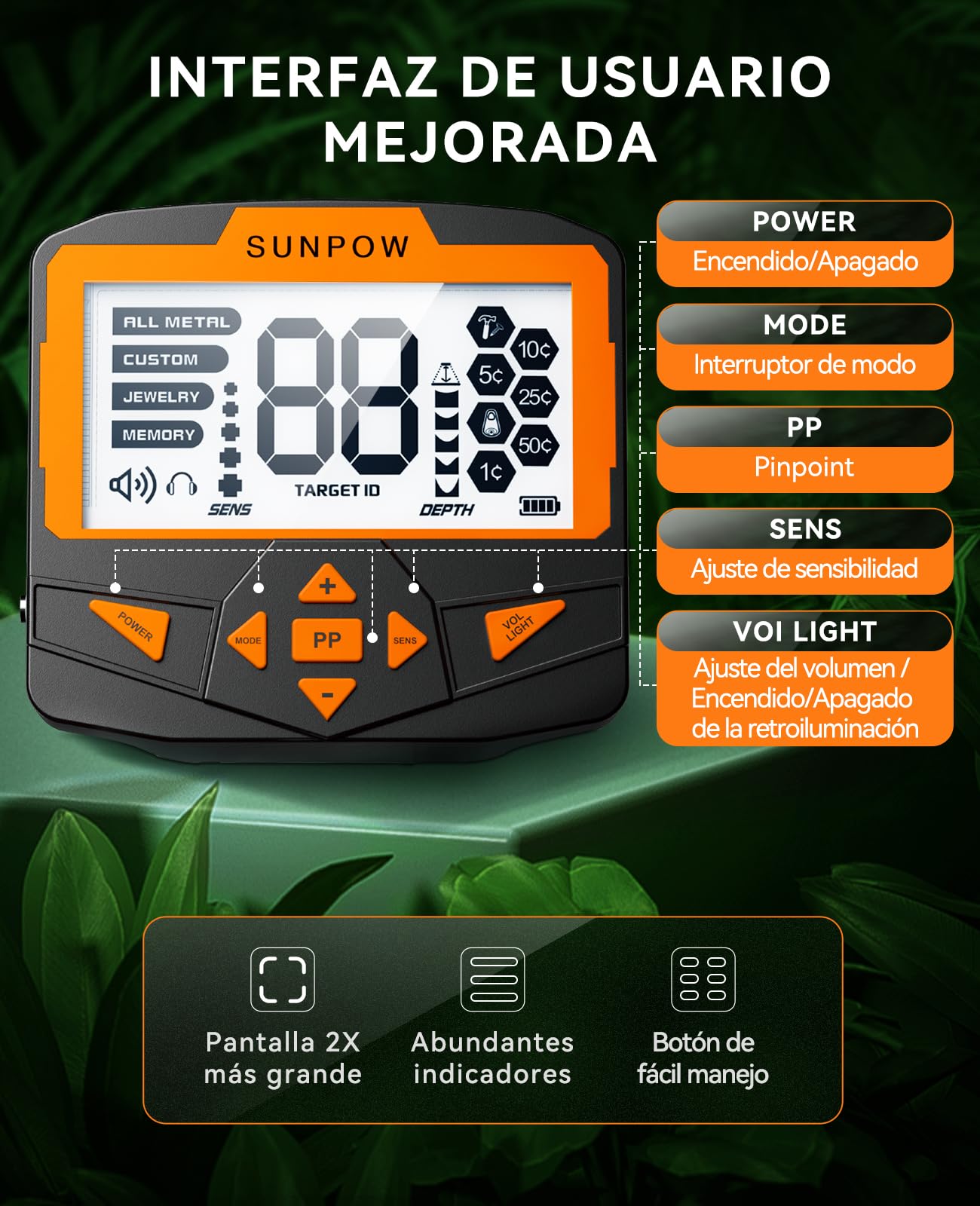 SUNPOW Detector de Metales para Adultos y Niños, Detector Profesional Multifuncional con Modo Pinpointer, IP68 Impermeable Fuerte Anti-Interferencia, Chip DSP Avanzado,(OTMD09)