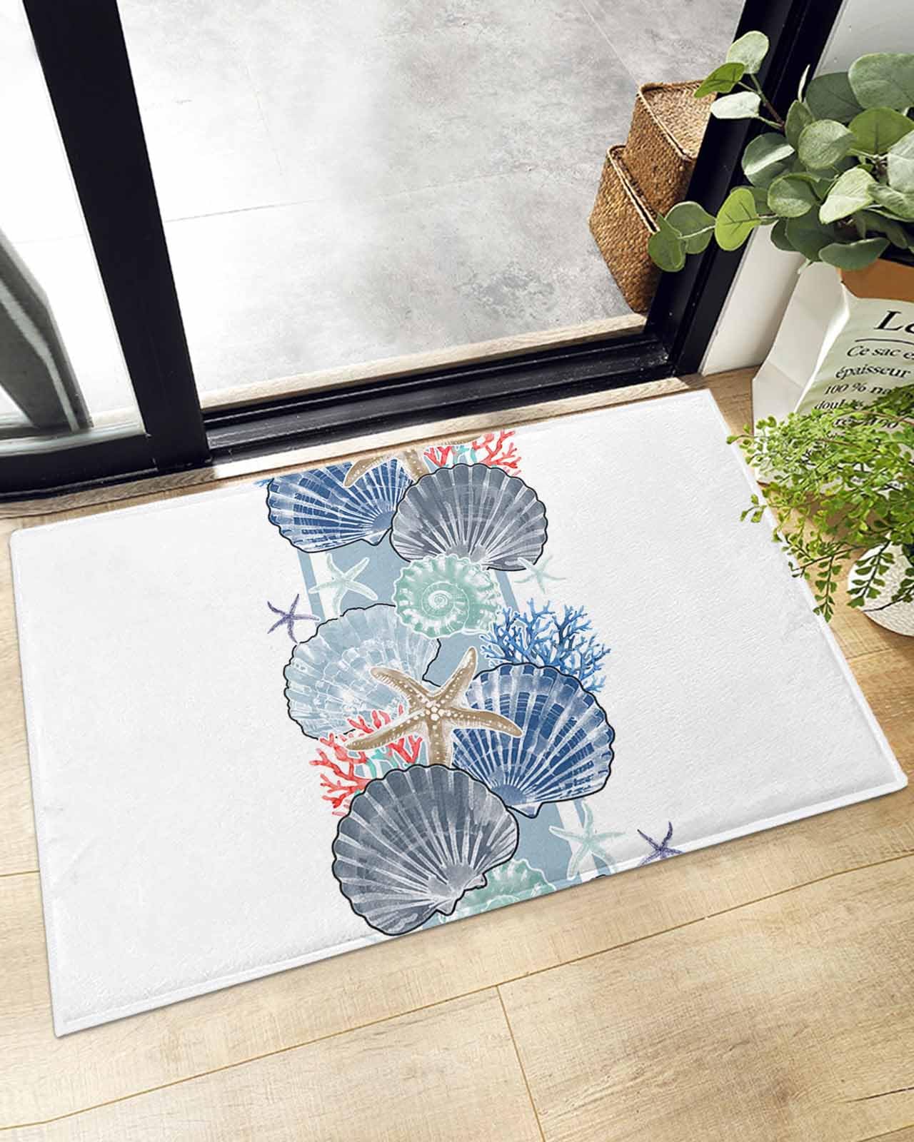 Indoor Doormat Ocean Life Starfish Shell Coral,Shaggy Floor Mat with Non-Skid Backing Watercolor Marine Theme,Machine Washable Plush Area Rug Carpets for Kitchen Nursery Bedroom