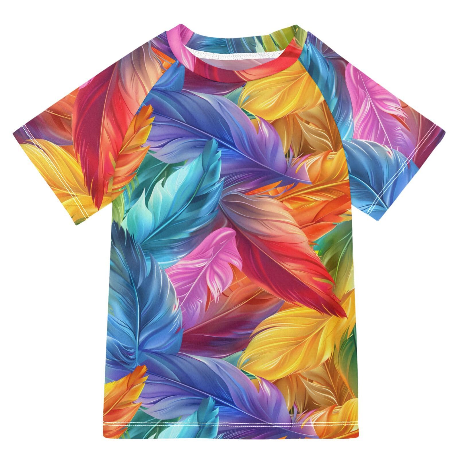 ALAZA Kids Rash Guard Boys Toddler Swim Shirts Short Sleeve Colorful Feathers UPF 50+ 3T