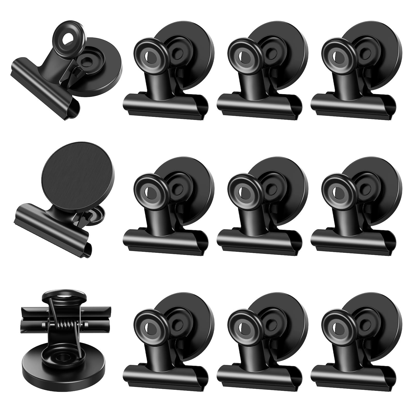 Magnetic Clips, 12Pcs Black Fridge Magnets Heavy Duty Metal Strong Refrigerator Magnet Clips Anti-Scratch Memo Note List Display Paper Fasteners for Whiteboard Teaching Kitchen Office School Decor