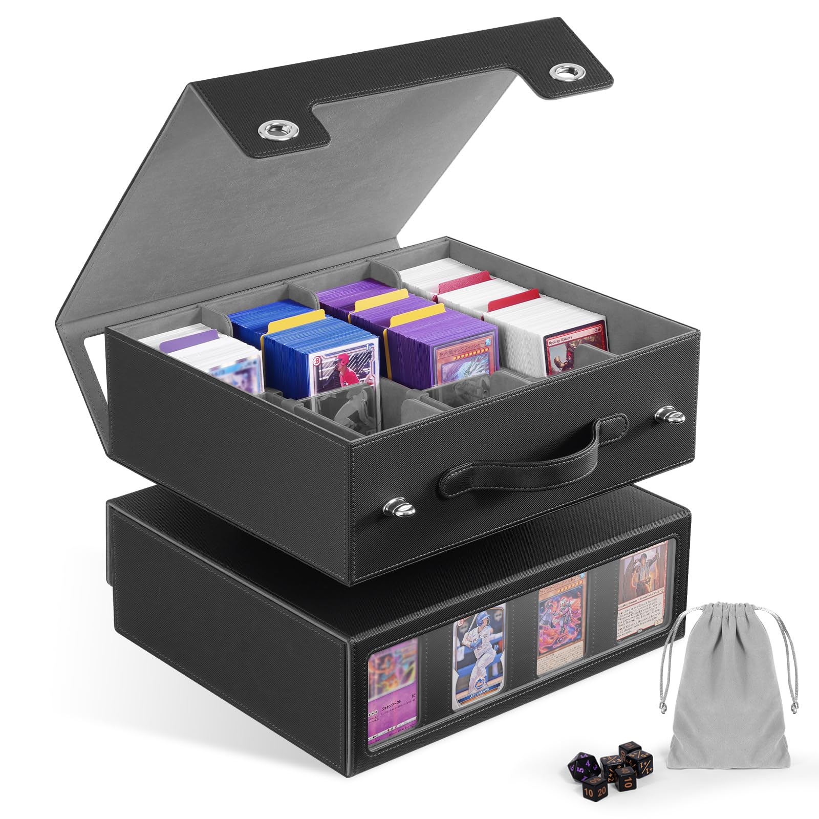 ZLCA MTG Storage Box 4-Row with Handle, MTG Deck Box Holds 3000+ Trading Cards with Portable Handle Removable Dice Tray, Commander Storage Card Case for Toploader TCG PTCG Sport Card(Black&Grey)