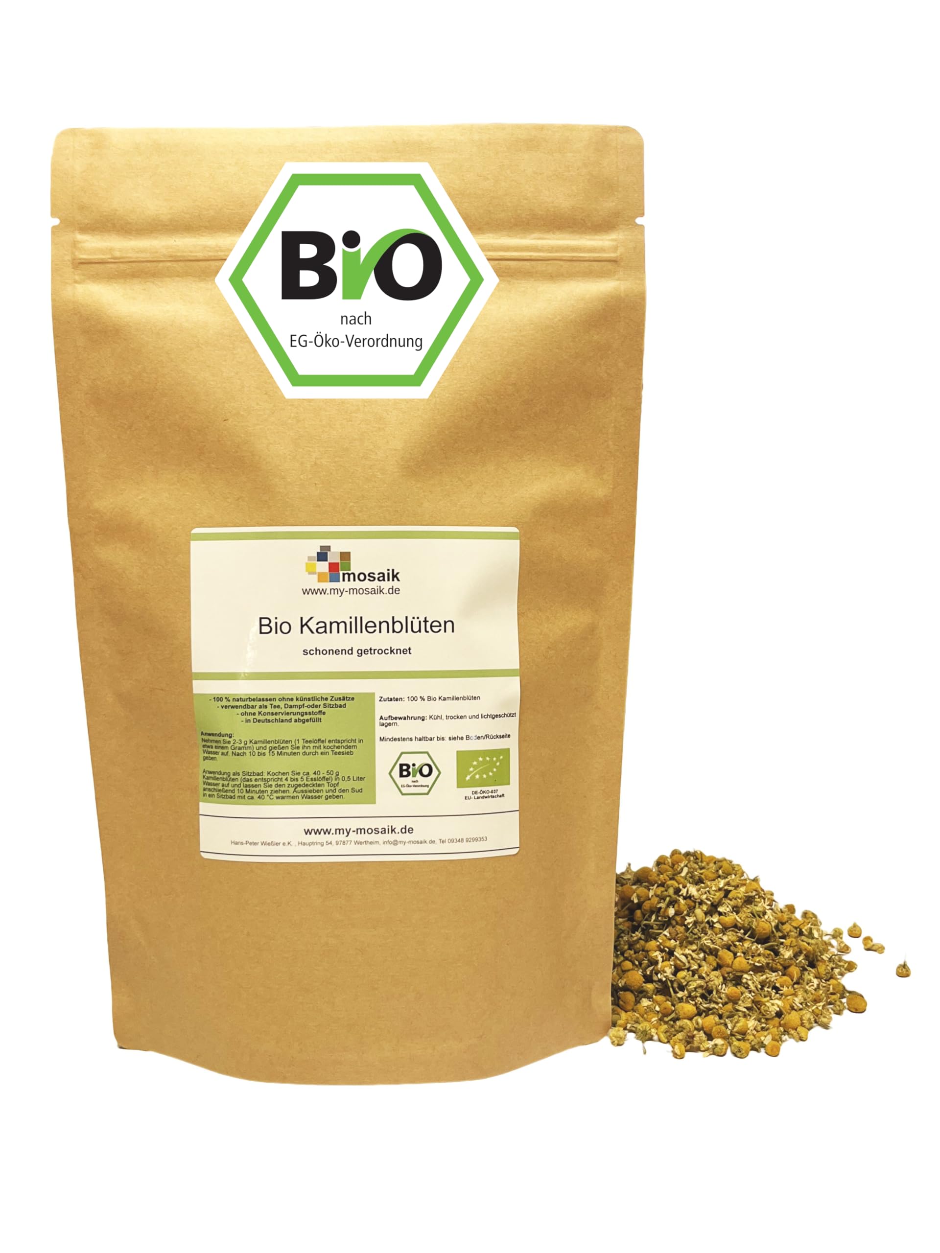 Kamillentee Bio 100g - ganze Kamillenblüten getrocknet - Hochwertigste Bio-Kamillenblüten - abgefüllt und kontrolliert in Deutschland (100g)
