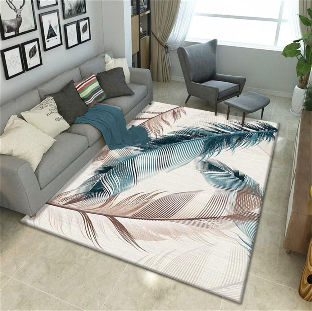Tapis de chambre fille bleu 120x160 avec motif de plumes 3D