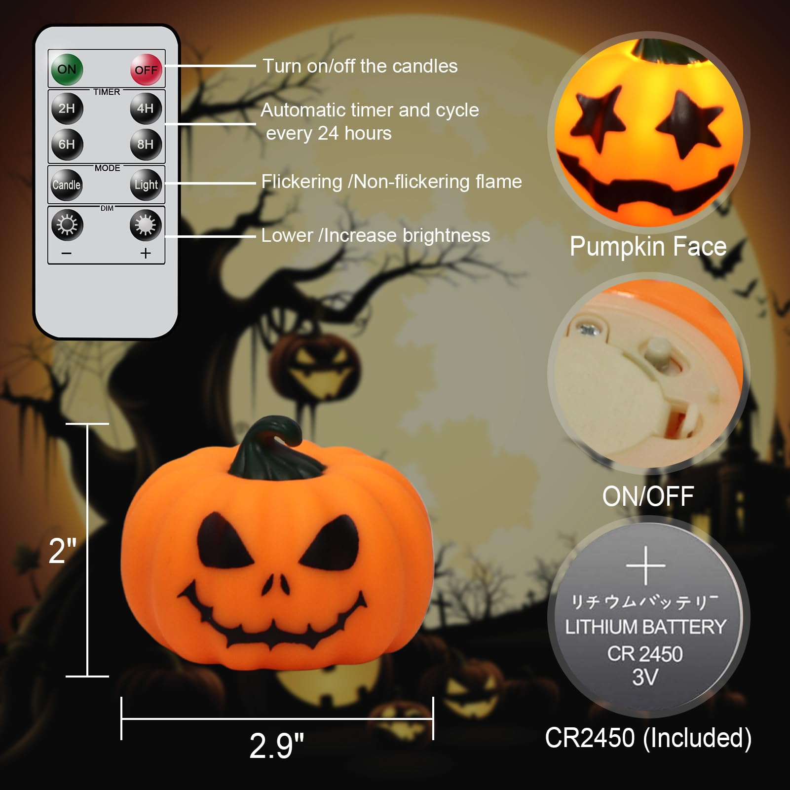 Candele senza fiamma a forma di zucca di Halloween, con telecomando e timer, a batteria, LED tremolanti, candele votive a forma di zucca, confezione da 6 candele autunnali con viso spettrale