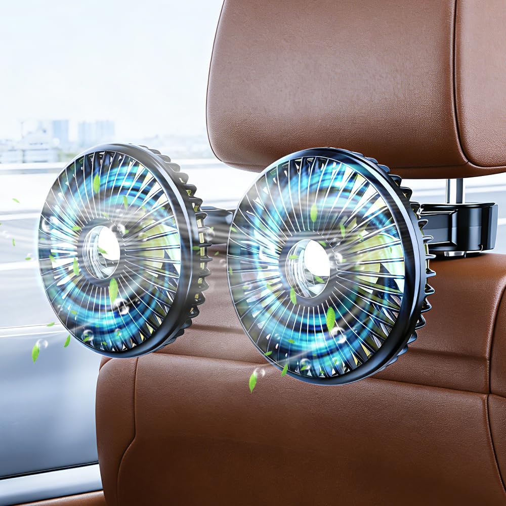 Mineup Ventilatore Per Auto Doppia Testa, Ventilatore USB Per Auto Per Sedile Posteriore, Ventilator 360° Ruotabile Portatile, 3 Velocità, Controllo Separato, Ricaricabile, Per Camion Furgone SUV RV