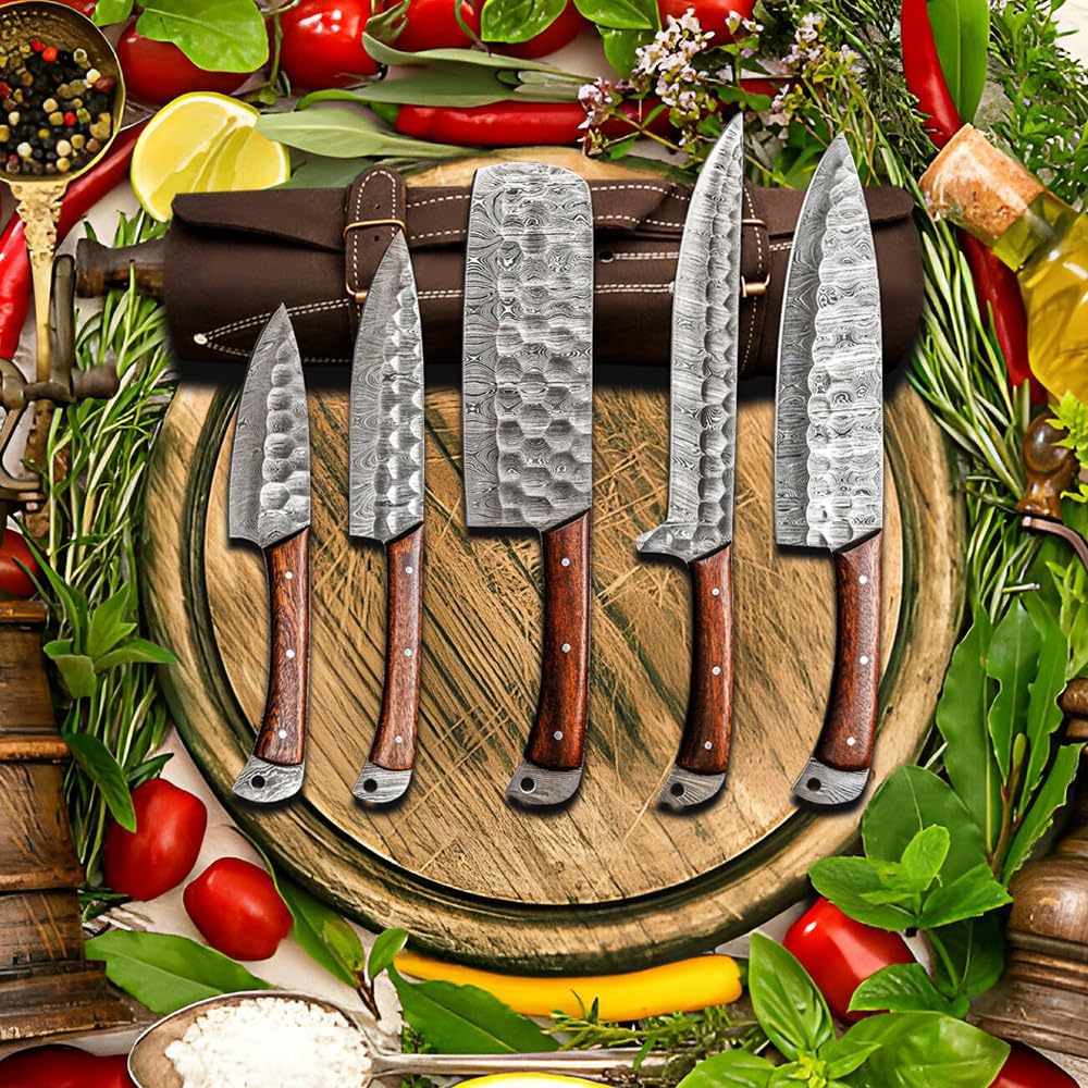 LEONA CRAFT® 5-Piece Handmade Kitchen Knife Set with Leather Roll, Hammered Damascus-Style High Carbon Stainless Steel Chef Knives, Wooden Handle Professional Cooking Gift Set for Home & Chef.001