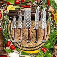 Vista 6 de Juego de cuchillos de cocina hechos a mano de 5 piezas con rollo de cuero, cuchillos de chef de acero inoxidable de alto carbono martillados