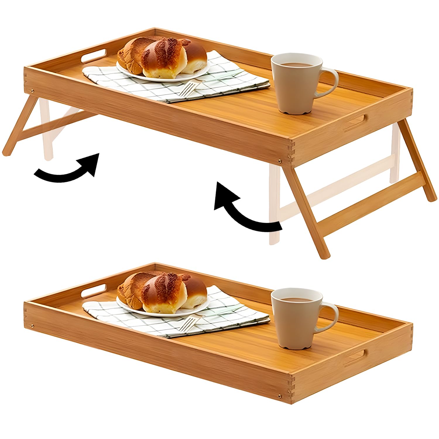 Avilia Vassoio Colazione a Letto in Bambù con Impugnature e Gambe Pieghevoli - Perfetto per Mangiare Comodamente a Letto - 50x30x21cm