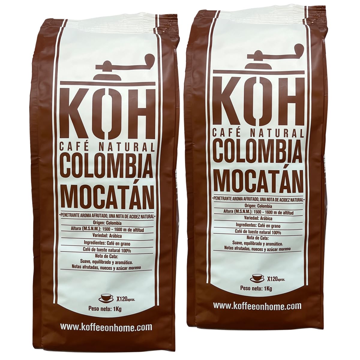KoffeeONHOME Café en Grano 100% Arábica, Colombia Mocatán, Tueste Natural, 2 Paquetes de 1 kg - 2 kg