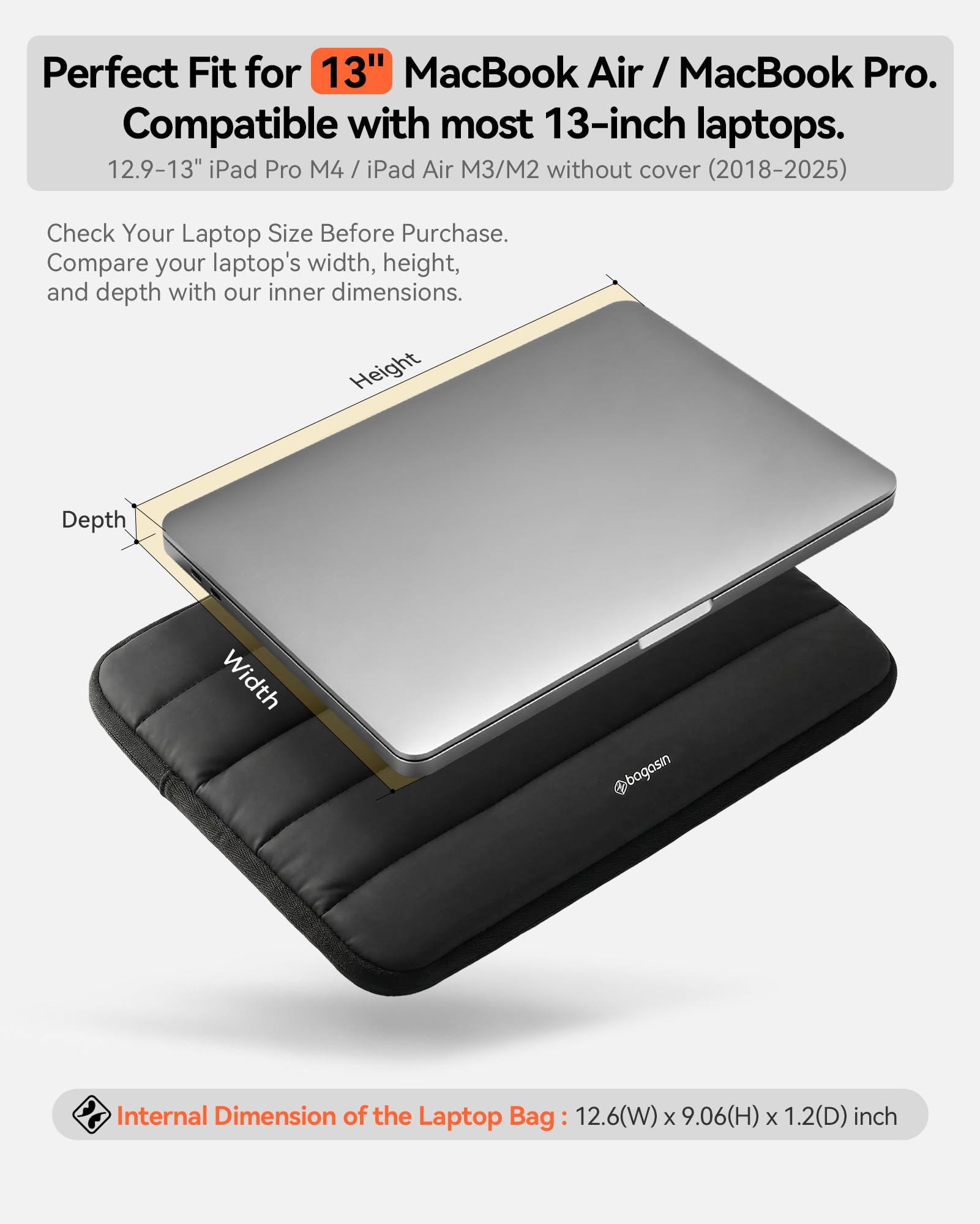 bagasin Puffer Custodia per Laptop, 15,6 14 13,3 Pollici Sleeve per Laptop, Borsa/Caso da Trasporto per PC Computer Portatile (Nero, 13-13.3)