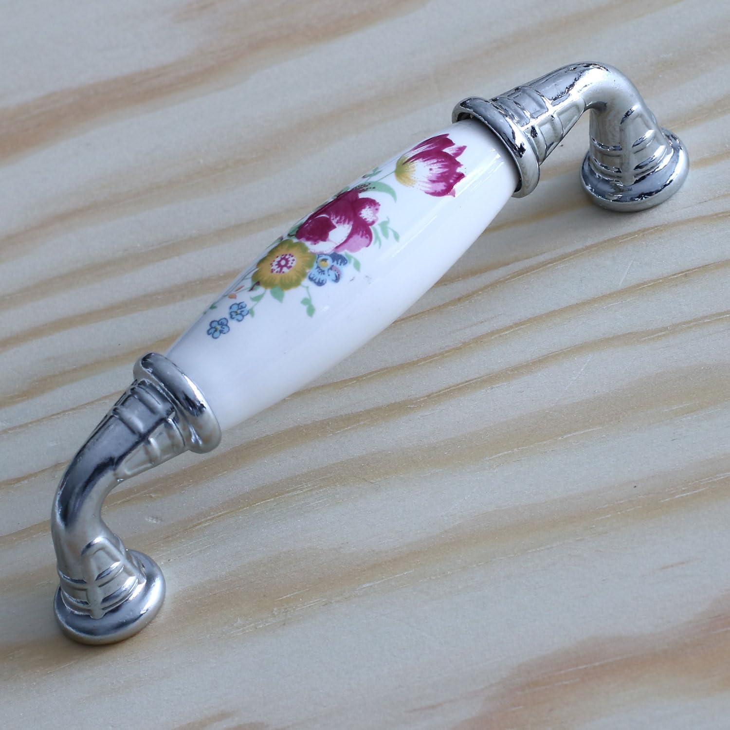 Badem10 Gerçek Porselen Kulp Çiçek Desen 96 mm Mobilya Mutfak Kulplar Dolabı Çekmece Dolap Kapak Kulpu Beyaz
