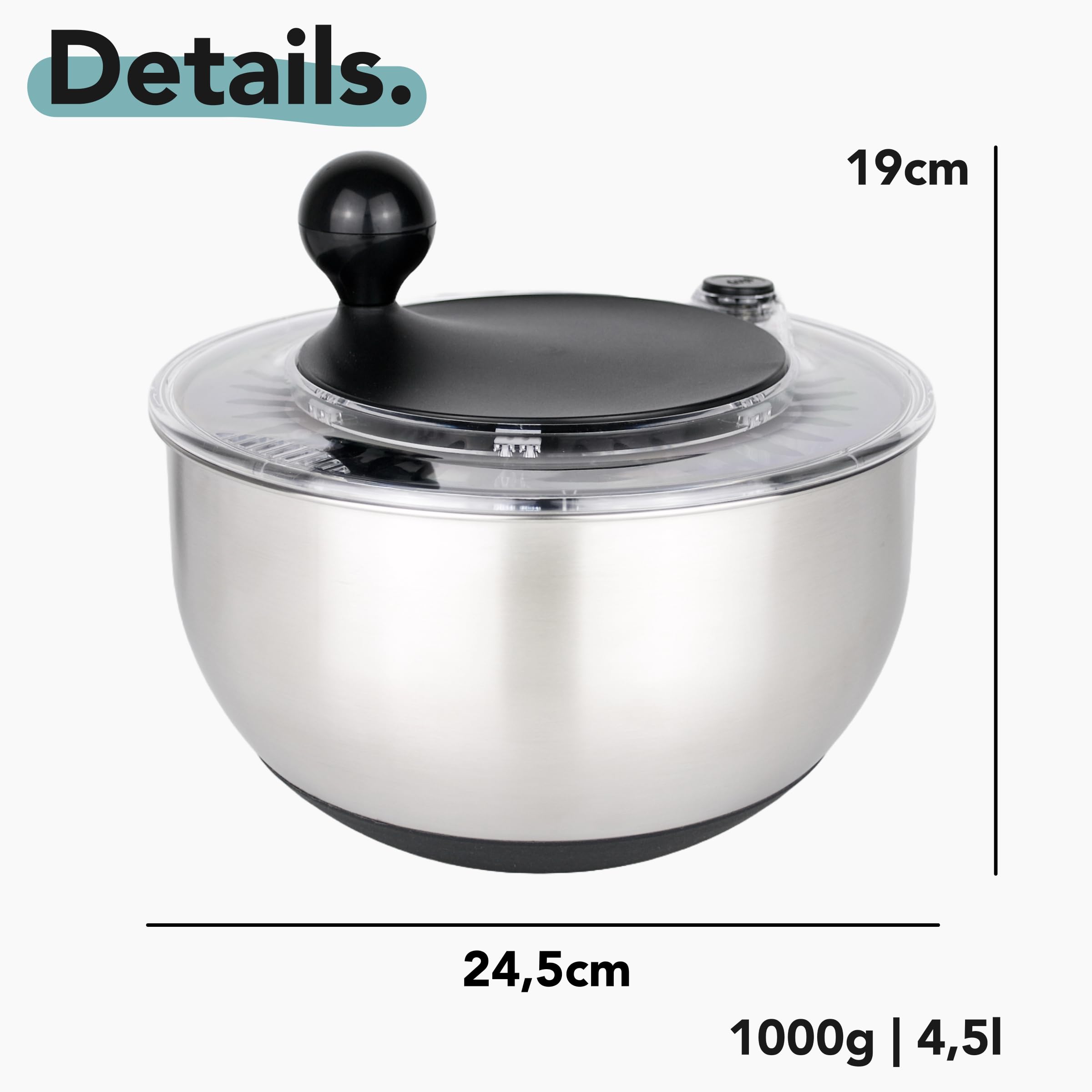 Cookery Salatschleuder aus Edelstahl (4,5l) + Gemüsehobel mit 5 Klingen | einfaches Salatschleudern durch rutschfesten Boden und Kurbelantrieb
