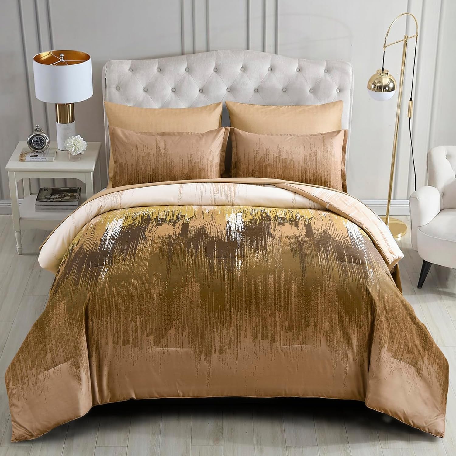 WONGS BEDDING Brown Comforter Set Queen,7 Pieces Bed in a Bag Abstract Art Gradient Comforter Soft Microfiber Bedding Set -1 Comforter, 1 Flat Sheet, 1 Fitted Sheet, 2 Pillow Shams,2 Pillowcases Queen Brown