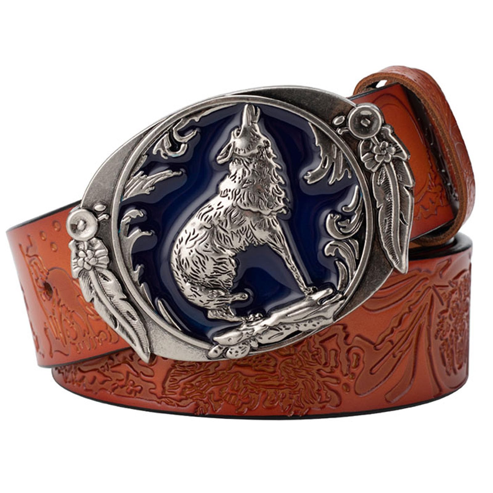 Jiary Unisex Orange ,100Cm/39.4'',Belts For Men, Mens Leather Belt Adjustable Western Cowboy Wolf Pattern Alloy Buckle Engraved Belt